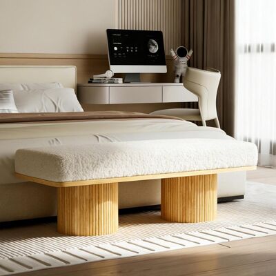 OEM 122cm Modern Fluffy Bench With Solid Wood Base, Teddy Fleece Upholstered Ottoman For Bedroom Entryway, Cream Style - Publicité OEM 122cm Modern Fluffy Bench With Solid Wood Base, Teddy Fleece Upholstered Ottoman For Bedroom Entryway, Cream Style - Publicité