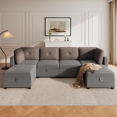 LEMONBEST Canapé U Modulable 6 Modules 261x132,5x85 Cm, Avec Rangements, Convertible L/u/lit/fauteuil, Velours Et Tissu Côtelé, Gris - Publicité LEMONBEST Canapé U Modulable 6 Modules 261x132,5x85 Cm, Avec Rangements, Convertible L/u/lit/fauteuil, Velours Et Tissu Côtelé, Gris - Publicité