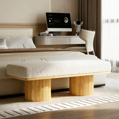 ACKERMAN 122cm Modern Fluffy Bench With Solid Wood Base, Teddy Fleece Upholstered Ottoman For Bedroom Entryway, Cream Style - Publicité ACKERMAN 122cm Modern Fluffy Bench With Solid Wood Base, Teddy Fleece Upholstered Ottoman For Bedroom Entryway, Cream Style - Publicité