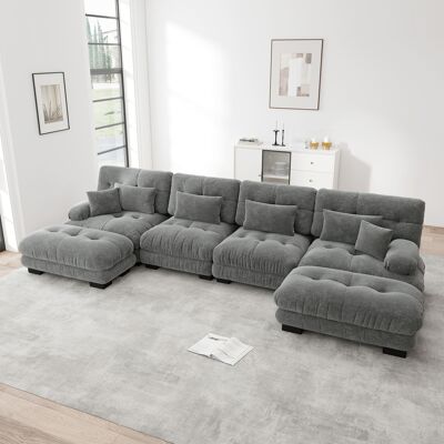 LEMONBEST Canapé D'Angle Modulable 4 Places, Canapé Panoramique U Ou L, Assise Profonde Avec 2 Poufs Mobiles Pour Salon - Chenille - Gris - Publicité LEMONBEST Canapé D'Angle Modulable 4 Places, Canapé Panoramique U Ou L, Assise Profonde Avec 2 Poufs Mobiles Pour Salon - Chenille - Gris - Publicité