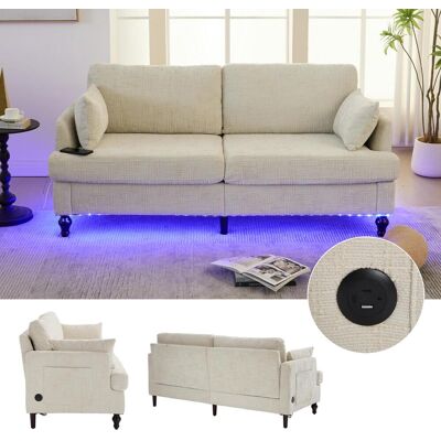 OEM Canapé Moderne 2 Places En Chenille Beige Avec Pieds En Bois, Lumière Led, Port De Chargement Usb Et Sac De Rangement Pour Salon, Chambre Ou Bureau. Publicité OEM Canapé Moderne 2 Places En Chenille Beige Avec Pieds En Bois, Lumière Led, Port De Chargement Usb Et Sac De Rangement Pour Salon, Chambre Ou Bureau. Publicité