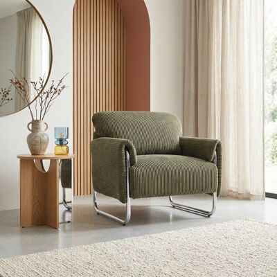 SWEEEK Fauteuil Vintage Velours Côtelé Armature Chromée Kaki - Vintage - Publicité SWEEEK Fauteuil Vintage Velours Côtelé Armature Chromée Kaki - Vintage - Publicité