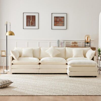 OEM Canapé D'Angle Moderne En Forme De L, Canapé Recouvert De Chenille, Trois Places Avec Pouf, Meuble Rembourré, Convient Au Salon Et À La Chambre, Beige, - Publicité OEM Canapé D'Angle Moderne En Forme De L, Canapé Recouvert De Chenille, Trois Places Avec Pouf, Meuble Rembourré, Convient Au Salon Et À La Chambre, Beige, - Publicité