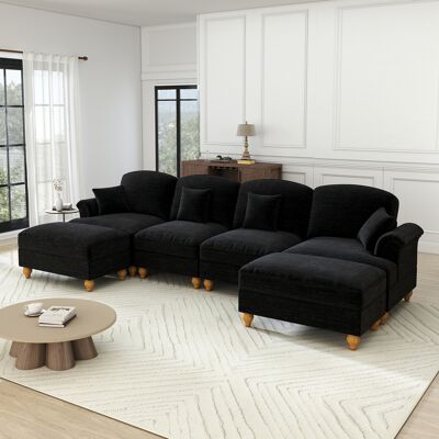 ACKERMAN Canapé Modulaire Classique En U 4 Places En Chenille Avec Accoudoirs En Entonnoir, Tablier À Volants Amovible, Pieds En Fuseau Et Pouf Amovible – Canapé Cloud Doux Pour Le Salon, Noir - Publicité ACKERMAN Canapé Modulaire Classique En U 4 Places En Chenille Avec Accoudoirs En Entonnoir, Tablier À Volants Amovible, Pieds En Fuseau Et Pouf Amovible – Canapé Cloud Doux Pour Le Salon, Noir - Publicité
