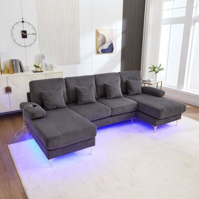 OEM Canapé Moderne En Forme De U Avec Éclairage D'Ambiance Led Et Port Usb-c, Structure En Bois Massif, 4 Coussins Luxueux Et Dossier Ergonomique Haut De Gamme Pour Un Confort Optimal, Gris - Publicité OEM Canapé Moderne En Forme De U Avec Éclairage D'Ambiance Led Et Port Usb-c, Structure En Bois Massif, 4 Coussins Luxueux Et Dossier Ergonomique Haut De Gamme Pour Un Confort Optimal, Gris - Publicité
