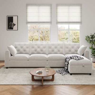 ACKERMAN Canapé Moderne En Velours Avec Rangement D'Angle, Compartiment De Rangement En L Orientable À Gauche Et À Droite, Accoudoirs Latéraux Avec Poches À Magazines, Dossier Capitonné. Beige. (281 × 86 × 71 - Publicité ACKERMAN Canapé Moderne En Velours Avec Rangement D'Angle, Compartiment De Rangement En L Orientable À Gauche Et À Droite, Accoudoirs Latéraux Avec Poches À Magazines, Dossier Capitonné. Beige. (281 × 86 × 71 - Publicité