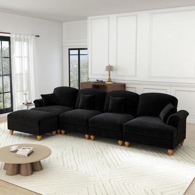 OEM Canapé D'Angle Classique Modulable Quatre Places En Chenille Avec Accoudoirs En Forme D'Entonnoir, Ourlet Plissé Amovible, Pieds Fuselés Et Pouf Amovible : Une Assise Profonde Et Confortable, - Publicité OEM Canapé D'Angle Classique Modulable Quatre Places En Chenille Avec Accoudoirs En Forme D'Entonnoir, Ourlet Plissé Amovible, Pieds Fuselés Et Pouf Amovible : Une Assise Profonde Et Confortable, - Publicité