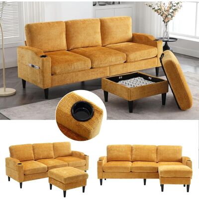 Acavallo Canapé Ottoman 4 Places Avec Rangement Intégré - Accoudoirs Avec Porte-gobelets Et Poches Latérales - Revêtement Chenille - Jaune - Publicité Acavallo Canapé Ottoman 4 Places Avec Rangement Intégré - Accoudoirs Avec Porte-gobelets Et Poches Latérales - Revêtement Chenille - Jaune - Publicité