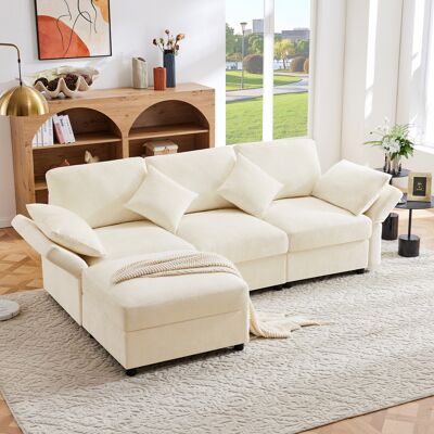 ARRIGONI Canapé D’angle En L Avec Pouf, Convertible En Canapé 3 Places, Avec 4 Coussins Et Accoudoirs Réglables, En Tissu Chenille Confortable, Adapté Au Salon, Au Bureau Et À L’appartement, Beige. Avec Vidéo. Publicité ARRIGONI Canapé D’angle En L Avec Pouf, Convertible En Canapé 3 Places, Avec 4 Coussins Et Accoudoirs Réglables, En Tissu Chenille Confortable, Adapté Au Salon, Au Bureau Et À L’appartement, Beige. Avec Vidéo. Publicité