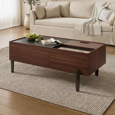OEM Moderner Couchtisch Mit Schubladen & Glasplatte – Dunkelbraunes Holzdesign, Holzmaserung In Marmoptik, Metallbeine & Viel Stauraum Für Wohnzimmer - Publicité OEM Moderner Couchtisch Mit Schubladen & Glasplatte – Dunkelbraunes Holzdesign, Holzmaserung In Marmoptik, Metallbeine & Viel Stauraum Für Wohnzimmer - Publicité