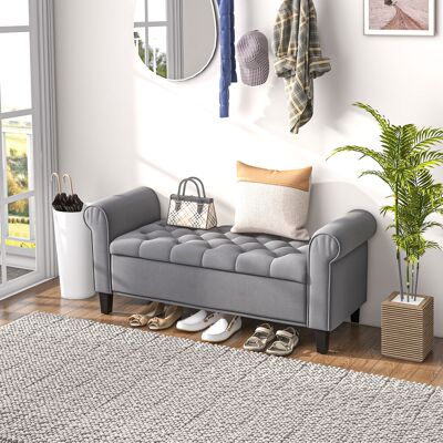 OEM Homcom Banc De Rangement Bout De Lit Avec Accoudoirs - Tissu Effet Velours Rembourré & Capitonné, 126x48,5x57cm, Gris - Publicité OEM Homcom Banc De Rangement Bout De Lit Avec Accoudoirs - Tissu Effet Velours Rembourré & Capitonné, 126x48,5x57cm, Gris - Publicité