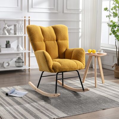 ACKERMAN Fauteuil À Bascule Mid-century Moderne En Tissu Peluche Avec Capitonnage, Assise Capitonnée Pour Salon Et Chambre, Jaune - Publicité ACKERMAN Fauteuil À Bascule Mid-century Moderne En Tissu Peluche Avec Capitonnage, Assise Capitonnée Pour Salon Et Chambre, Jaune - Publicité