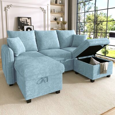 LEMONBEST Canapé D’angle U Convertible 3 Places 188x186x86 Cm, Canapé Modulable Avec Tiroirs Et Pouf Coffre, Rangement, Chenille, Bleu - Publicité LEMONBEST Canapé D’angle U Convertible 3 Places 188x186x86 Cm, Canapé Modulable Avec Tiroirs Et Pouf Coffre, Rangement, Chenille, Bleu - Publicité
