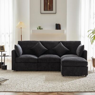 OEM Canapé D'Angle En L, Convertible En Canapé 3 Places, Design Modulable, Avec Pouf Amovible Et 4 Coussins En Chenille, Idéal Pour Le Salon, L'Appartement Et Le Bureau, Gris, Avec Vidéo - Publicité OEM Canapé D'Angle En L, Convertible En Canapé 3 Places, Design Modulable, Avec Pouf Amovible Et 4 Coussins En Chenille, Idéal Pour Le Salon, L'Appartement Et Le Bureau, Gris, Avec Vidéo - Publicité