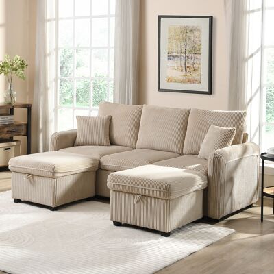 LEMONBEST Canapé Modulable En U - Convertible - 3 Places - Avec 2 Poufs De Rangement Et Tiroirs - Fonction Couchage - Velours Côtelé - Beige - Publicité LEMONBEST Canapé Modulable En U - Convertible - 3 Places - Avec 2 Poufs De Rangement Et Tiroirs - Fonction Couchage - Velours Côtelé - Beige - Publicité