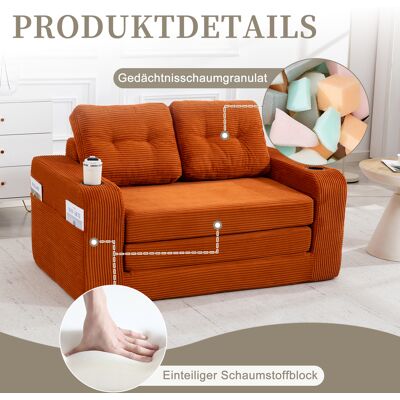 MIDUODUO Canapé Biplace Velours Côtelé Orange Avec Porte-gobelets Et Poches. Pouf Double Convertible,coussins Et Dossier Matelassés Sans Cadre. Publicité MIDUODUO Canapé Biplace Velours Côtelé Orange Avec Porte-gobelets Et Poches. Pouf Double Convertible,coussins Et Dossier Matelassés Sans Cadre. Publicité