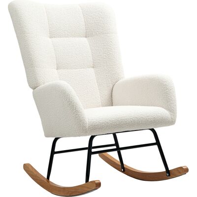 HEAT Fauteuil À Bascule Avec Revêtement En Imitation Laine Bouclée Et Pieds En Bois D'Hévéa Massif Pour Chambre Et Salon, Couleur Crème - Publicité HEAT Fauteuil À Bascule Avec Revêtement En Imitation Laine Bouclée Et Pieds En Bois D'Hévéa Massif Pour Chambre Et Salon, Couleur Crème - Publicité