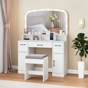 COSTWAY Coiffeuse Avec Miroir Lumineux Et Tabouret, Coiffeuse Avec Rangement, 3 Couleurs De Lumière, Table De Maquillage 108 X 40 X 149 Cm, Blanc - Publicité COSTWAY Coiffeuse Avec Miroir Lumineux Et Tabouret, Coiffeuse Avec Rangement, 3 Couleurs De Lumière, Table De Maquillage 108 X 40 X 149 Cm, Blanc - Publicité