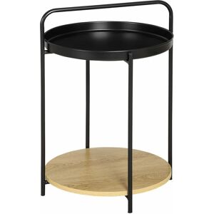 HOMCOM Table d'appoint guéridon bout de canapé design néo-rétro plateau étagère amovibles acier noir aspect chêne clair - Noir - Publicité