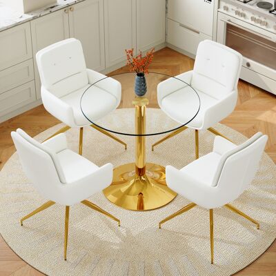 ARRIGONI Ensemble Table Et Chaises: Table Ronde En Verre Trempé De 85 Cm De Diamètre, Au Style Légèrement Luxueux, Avec Structure De Support Métallique, Assortie À 4 Chaises De Salle À Manger En Pu Blanches Et - Publicité ARRIGONI Ensemble Table Et Chaises: Table Ronde En Verre Trempé De 85 Cm De Diamètre, Au Style Légèrement Luxueux, Avec Structure De Support Métallique, Assortie À 4 Chaises De Salle À Manger En Pu Blanches Et - Publicité