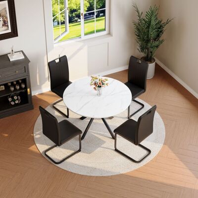 ARRIGONI Ensemble De Salle À Manger Avec Table Ronde Aspect Marbre Et 4 Chaises Noires, Ensemble De Cuisine Moderne En Similicuir Et Cadre Cantilever En Métal Pour Salle À Manger Et Cuisine - Publicité ARRIGONI Ensemble De Salle À Manger Avec Table Ronde Aspect Marbre Et 4 Chaises Noires, Ensemble De Cuisine Moderne En Similicuir Et Cadre Cantilever En Métal Pour Salle À Manger Et Cuisine - Publicité