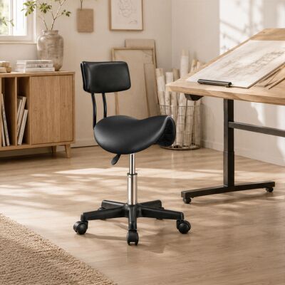 SONGMICS Chaise De Bureau À Roulettes, Tabouret De Selle Réglable Avec Dossier, Pivotant 360°, Pour Salon, Studio, Pu, Noir - Publicité SONGMICS Chaise De Bureau À Roulettes, Tabouret De Selle Réglable Avec Dossier, Pivotant 360°, Pour Salon, Studio, Pu, Noir - Publicité