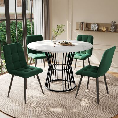 ACKERMAN Ensemble Salle À Manger 5 Pièces, Table Ronde 100cm, Pieds Métal Noir, Plateau Mdf Blanc, 4 Chaises Velours Vert - Publicité ACKERMAN Ensemble Salle À Manger 5 Pièces, Table Ronde 100cm, Pieds Métal Noir, Plateau Mdf Blanc, 4 Chaises Velours Vert - Publicité