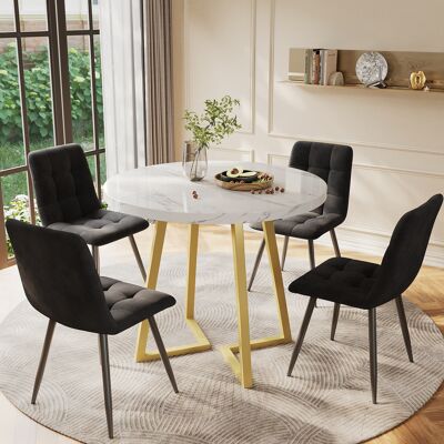 ACKERMAN Ensemble De Salle À Manger (5 Pièces), Ensemble Table Et Chaises Modernes, Table De Cuisine Ronde De 80 Cm De Diamètre Avec Pieds En Métal Doré, Plateau En Mdf Blanc Et Chaises En Velours Noir. Publicité ACKERMAN Ensemble De Salle À Manger (5 Pièces), Ensemble Table Et Chaises Modernes, Table De Cuisine Ronde De 80 Cm De Diamètre Avec Pieds En Métal Doré, Plateau En Mdf Blanc Et Chaises En Velours Noir. Publicité