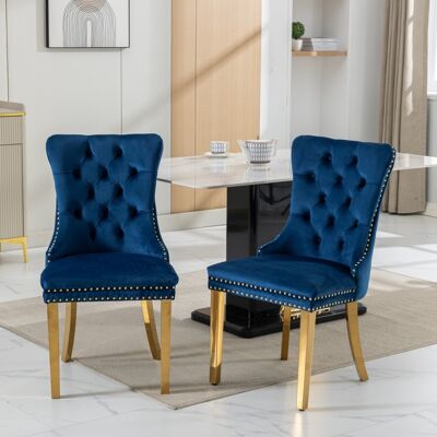 DREAMMESPACE Lot De 2 Chaises De Salle À Manger - 65x50x95 Cm - Style Moderne Capitonné Avec Rivets - Velours Bleu Et Pieds Inox Dorés - Publicité DREAMMESPACE Lot De 2 Chaises De Salle À Manger - 65x50x95 Cm - Style Moderne Capitonné Avec Rivets - Velours Bleu Et Pieds Inox Dorés - Publicité