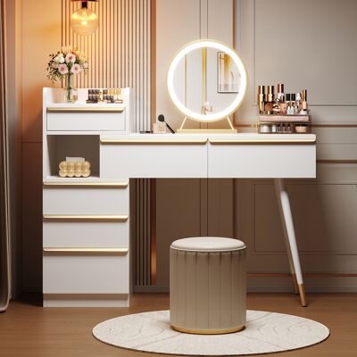 LEMONBEST Coiffeuse Blanche 100x41,5x102 Cm, Miroir Led Dimmable 3 Couleurs, Table Maquillage À Plateau Extensible, 6 Tiroirs, Poignées Dorées - Publicité LEMONBEST Coiffeuse Blanche 100x41,5x102 Cm, Miroir Led Dimmable 3 Couleurs, Table Maquillage À Plateau Extensible, 6 Tiroirs, Poignées Dorées - Publicité