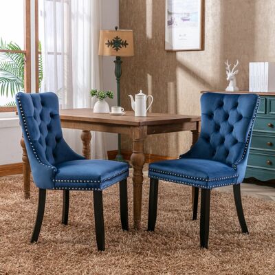 DREAMMESPACE Lot De 2 Chaises De Salle À Manger - 65x50x95cm - Pied En Bois Massif Et Garniture Cloutée - Velours Bleu - Publicité DREAMMESPACE Lot De 2 Chaises De Salle À Manger - 65x50x95cm - Pied En Bois Massif Et Garniture Cloutée - Velours Bleu - Publicité