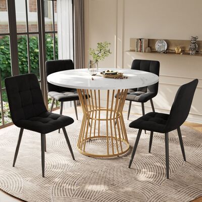 ACKERMAN Ensemble Salle À Manger 5 Pièces, Table Ronde 100cm, Pieds Métal Doré, Plateau Mdf Blanc, 4 Chaises Velours Noir - Publicité ACKERMAN Ensemble Salle À Manger 5 Pièces, Table Ronde 100cm, Pieds Métal Doré, Plateau Mdf Blanc, 4 Chaises Velours Noir - Publicité