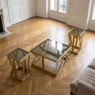 MENZZO Ensemble De 3 Tables D'Appoint Zendaya En Verre Fumé Et Métal Or - Publicité MENZZO Ensemble De 3 Tables D'Appoint Zendaya En Verre Fumé Et Métal Or - Publicité