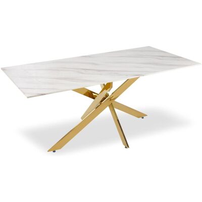 MENZZO Table À Manger Naelle En Verre Effet Marbre Blanc Et Pieds Or - Publicité MENZZO Table À Manger Naelle En Verre Effet Marbre Blanc Et Pieds Or - Publicité