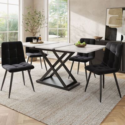 DEVOKO Ensemble Salle À Manger Extensible 5 Pièces 160 X 80 X 75 Cm Avec 4 Chaises Velours Noir, Plateau Aspect Marbre Blanc - Publicité DEVOKO Ensemble Salle À Manger Extensible 5 Pièces 160 X 80 X 75 Cm Avec 4 Chaises Velours Noir, Plateau Aspect Marbre Blanc - Publicité