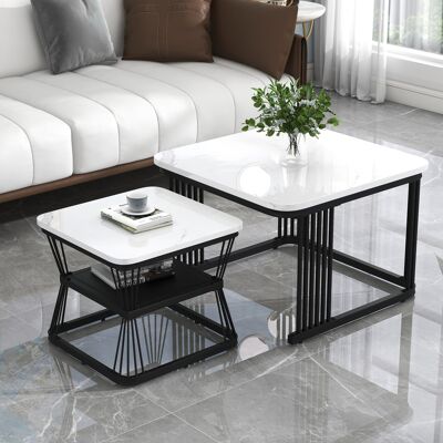 LEMONBEST Set De 2 Tables D'Appoint Carrée 65 Cm Et 45 Cm Table De Salon Moderne Avec Pieds En Métal - Mdf + Effet Marbre - Blanc Brillant - Publicité LEMONBEST Set De 2 Tables D'Appoint Carrée 65 Cm Et 45 Cm Table De Salon Moderne Avec Pieds En Métal - Mdf + Effet Marbre - Blanc Brillant - Publicité