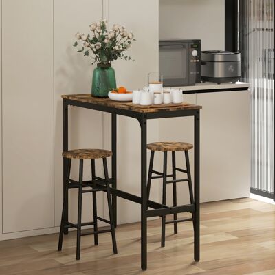 OEM Ensemble Table Haute De Bar + 2 Tabourets Structure En Acier Plateau Aspect Effet Bois D'Acajou 2 Personnes Noir - Publicité OEM Ensemble Table Haute De Bar + 2 Tabourets Structure En Acier Plateau Aspect Effet Bois D'Acajou 2 Personnes Noir - Publicité
