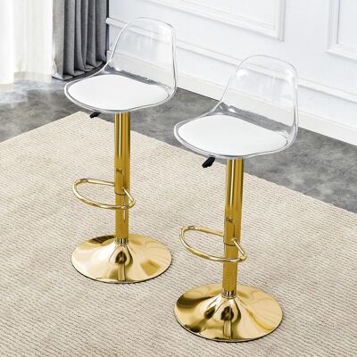 OEM Ensemble De 2 Tabourets De Bar Réglables En Hauteur : Dossier Transparent + Pieds En Métal Doré, Hauteur Réglable De 82 À 104 Cm, Assise Pivotante À 360°. Publicité OEM Ensemble De 2 Tabourets De Bar Réglables En Hauteur : Dossier Transparent + Pieds En Métal Doré, Hauteur Réglable De 82 À 104 Cm, Assise Pivotante À 360°. Publicité