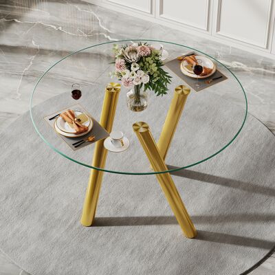 ARRIGONI Table À Manger Ronde 89 Cm En Verre Trempé Avec Pieds Robustes En Métal Doré - Publicité ARRIGONI Table À Manger Ronde 89 Cm En Verre Trempé Avec Pieds Robustes En Métal Doré - Publicité