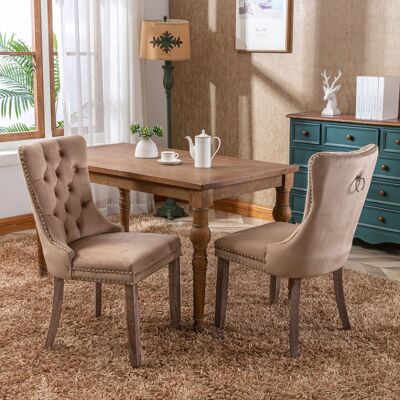 DREAMMESPACE Lot De 2 Chaises De Salle À Manger - 65x50x95cm - Pied En Bois Massif Et Garniture Cloutée - Velours Kaki - Publicité DREAMMESPACE Lot De 2 Chaises De Salle À Manger - 65x50x95cm - Pied En Bois Massif Et Garniture Cloutée - Velours Kaki - Publicité
