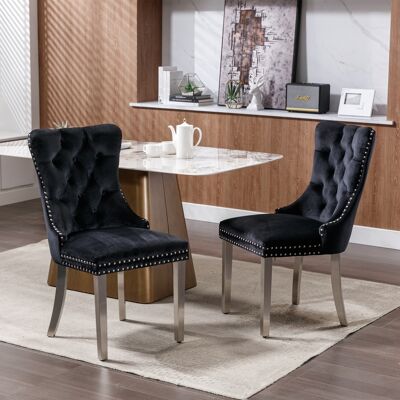 DREAMMESPACE Lot De 2 Chaises De Salle À Manger - Pieds En Acier Inoxydable Chromé - Garniture Cloutée - 65x50x95cm - Velours Noir - Publicité DREAMMESPACE Lot De 2 Chaises De Salle À Manger - Pieds En Acier Inoxydable Chromé - Garniture Cloutée - 65x50x95cm - Velours Noir - Publicité