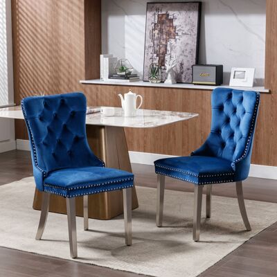 DREAMMESPACE Lot De 2 Chaises De Salle À Manger - Pieds En Acier Inoxydable Chromé - Garniture Cloutée - 65x50x95cm - Velours Bleu - Publicité DREAMMESPACE Lot De 2 Chaises De Salle À Manger - Pieds En Acier Inoxydable Chromé - Garniture Cloutée - 65x50x95cm - Velours Bleu - Publicité