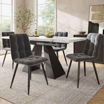 DEVOKO Ensemble Salle À Manger Extensible 5 Pièces 160 X 80 X 75 Cm Avec 4 Chaises Velours Gris, Table Blanche Pieds En Colonne - Publicité DEVOKO Ensemble Salle À Manger Extensible 5 Pièces 160 X 80 X 75 Cm Avec 4 Chaises Velours Gris, Table Blanche Pieds En Colonne - Publicité