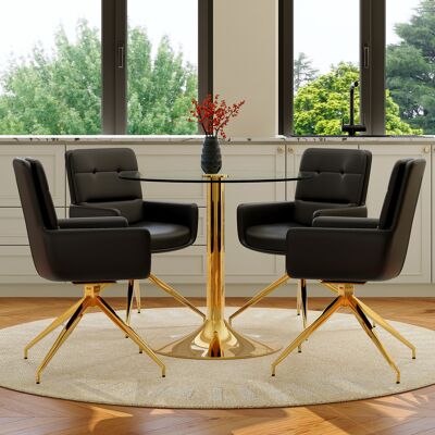 ARRIGONI Collection Table Et Chaises: Table Ronde En Verre Trempé De 85 Cm De Diamètre, Au Style Légèrement Luxueux, Avec Structure De Support Métallique, Assortie À 4 Chaises De Salle À Manger Pivotantes À 36 - Publicité ARRIGONI Collection Table Et Chaises: Table Ronde En Verre Trempé De 85 Cm De Diamètre, Au Style Légèrement Luxueux, Avec Structure De Support Métallique, Assortie À 4 Chaises De Salle À Manger Pivotantes À 36 - Publicité