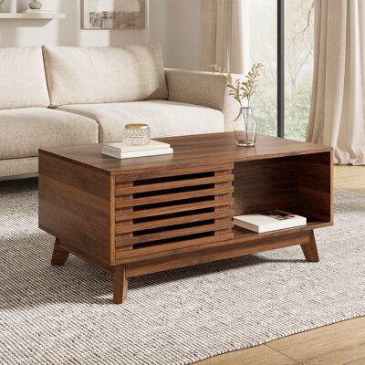 LEMONBEST Table Basse Relevable 90 X 55 X 57,5 Cm Avec Porte Coulissante À Lattes Et Rangement, Finition Noyer, Mdf - Publicité LEMONBEST Table Basse Relevable 90 X 55 X 57,5 Cm Avec Porte Coulissante À Lattes Et Rangement, Finition Noyer, Mdf - Publicité