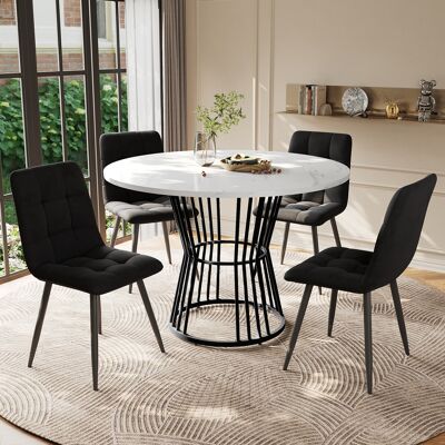 ACKERMAN Ensemble Salle À Manger 5 Pièces, Table Ronde 100cm, Pieds Métal Noir, Plateau Mdf Blanc, 4 Chaises Velours Noir - Publicité ACKERMAN Ensemble Salle À Manger 5 Pièces, Table Ronde 100cm, Pieds Métal Noir, Plateau Mdf Blanc, 4 Chaises Velours Noir - Publicité