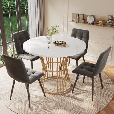 ACKERMAN Ensemble Salle À Manger 5 Pièces, Table Ronde 100cm, Pieds Métal Doré, Plateau Mdf Blanc, 4 Chaises Velours Gris Foncé - Publicité ACKERMAN Ensemble Salle À Manger 5 Pièces, Table Ronde 100cm, Pieds Métal Doré, Plateau Mdf Blanc, 4 Chaises Velours Gris Foncé - Publicité