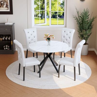 ARRIGONI Ensemble De Salle À Manger Avec Table Ronde En Marbre Et 4 Chaises De Salle À Manger Blanches, Ensemble De Cuisine Moderne En Similicuir Capitonné À Boutons Avec Pieds En Métal Pour Salle À Manger Et - Publicité ARRIGONI Ensemble De Salle À Manger Avec Table Ronde En Marbre Et 4 Chaises De Salle À Manger Blanches, Ensemble De Cuisine Moderne En Similicuir Capitonné À Boutons Avec Pieds En Métal Pour Salle À Manger Et - Publicité