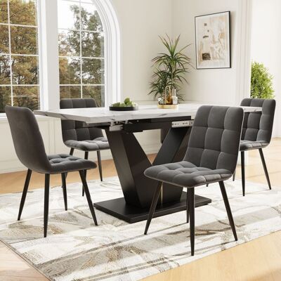 ACKERMAN Ensemble Salle À Manger 5 Pièces, Table Extensible, Pieds Noirs En V, Plateau Marbre Blanc, 4 Chaises Velours Gris, Style Moderne - Publicité ACKERMAN Ensemble Salle À Manger 5 Pièces, Table Extensible, Pieds Noirs En V, Plateau Marbre Blanc, 4 Chaises Velours Gris, Style Moderne - Publicité