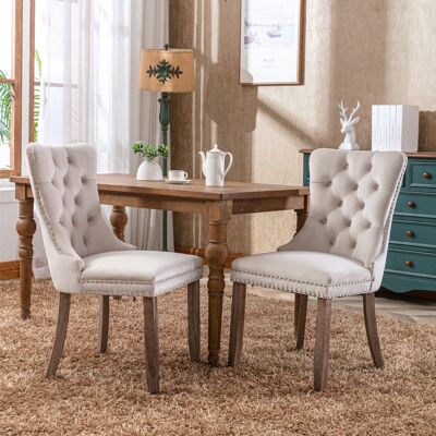 DREAMMESPACE Lot De 2 Chaises De Salle À Manger - 65x50x95cm - Pied En Bois Massif Et Garniture Cloutée - Velours Beige - Publicité DREAMMESPACE Lot De 2 Chaises De Salle À Manger - 65x50x95cm - Pied En Bois Massif Et Garniture Cloutée - Velours Beige - Publicité